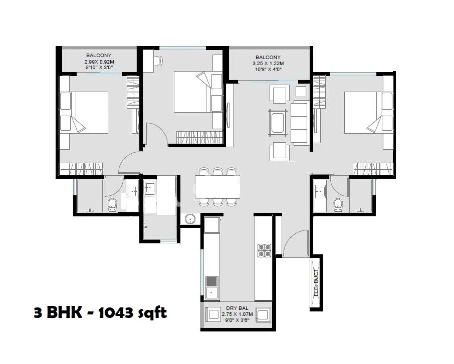 Floor plan of 3 BHK 1043 Sq. Ft. Apartment in Unique K Shire, Pune