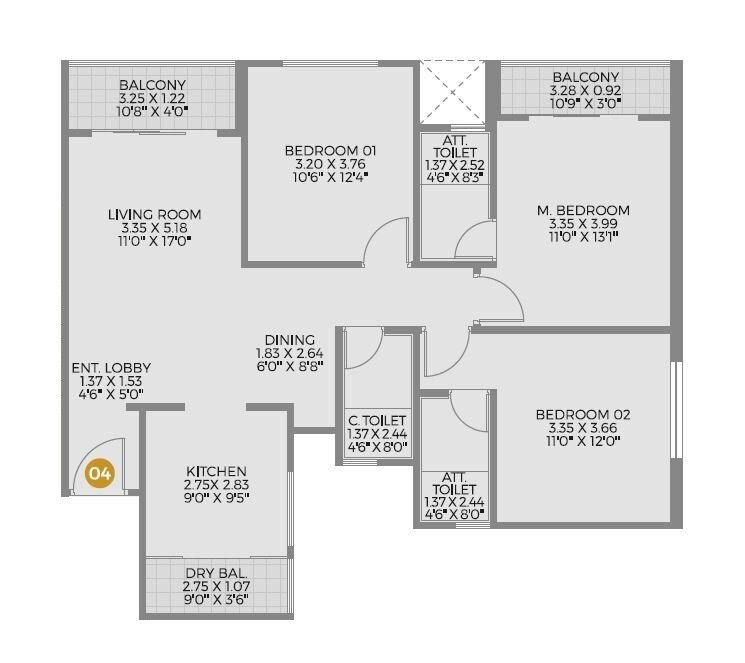 Floor plan of 3 BHK 1084 Sq. Ft. Apartment in Unique K Shire, Pune