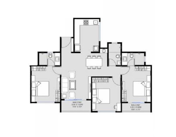 Floor plan of 3 BHK 1127 Sq. Ft. Apartment in Unique K Shire, Pune