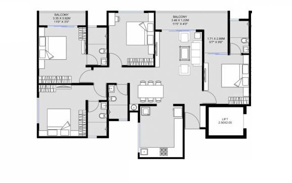 Floor plan of 4 BHK 1326 Sq. Ft. Apartment in Unique K Shire, Pune
