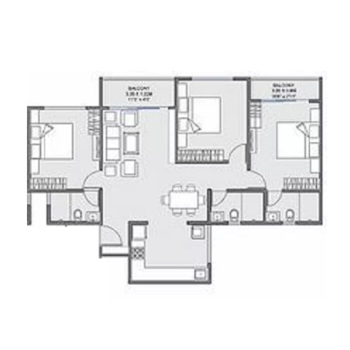 Floor plan of 3 BHK 1037 Sq. Ft. Apartment in Unique K Town, Pune
