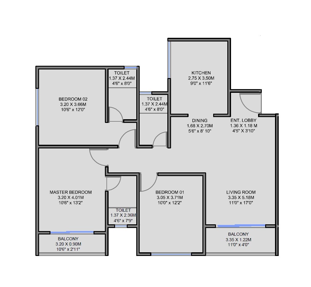 Floor plan of 3 BHK 1032 Sq. Ft. Apartment in Unique K Ville, Pune