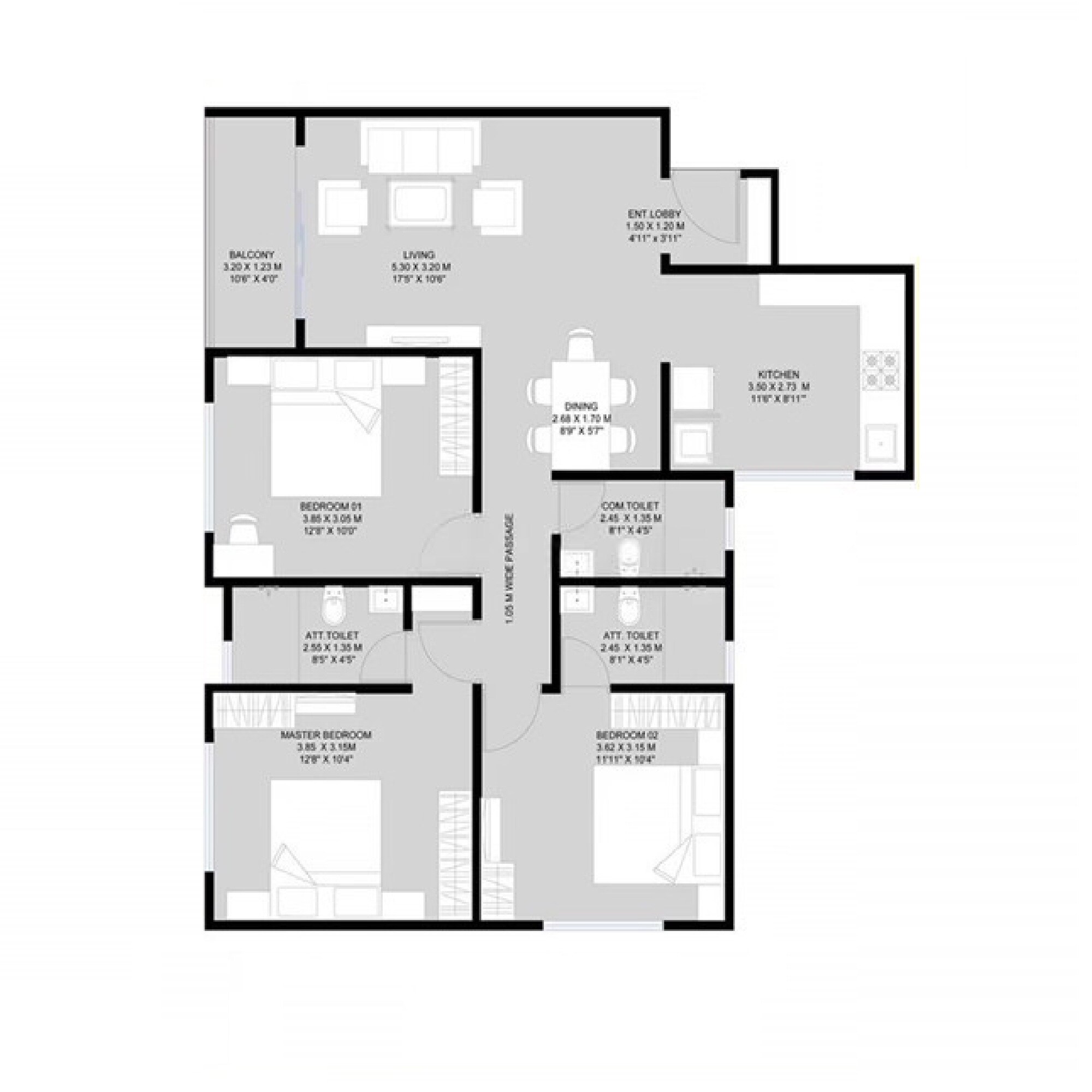Floor plan of 3 BHK 990 Sq. Ft. Apartment in Unique K Ville, Pune