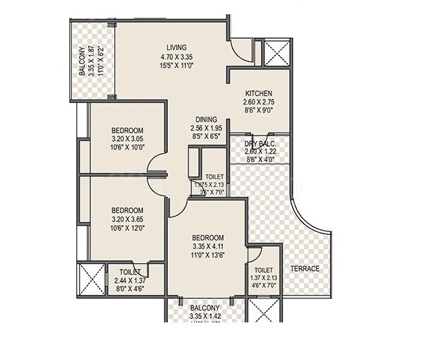 Floor plan of 3 BHK 757 Sq. Ft. Apartment in Unique Legacy, Pune