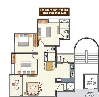 Floor plan of 2 BHK 853 Sq. Ft. Apartment in Unique Legacy Grand, Pune