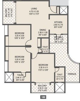 Floor plan of 3 BHK 1088 Sq. Ft. Apartment in Unique Legacy Grand, Pune