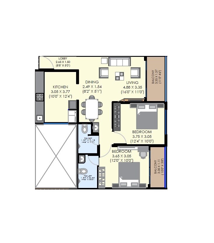 Floor plan of 2 BHK 729 Sq. Ft. Apartment in Unique Legacy Imperia, Pune