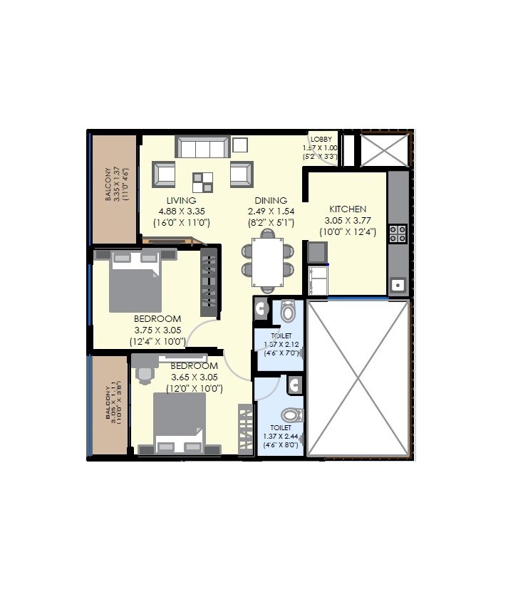 Floor plan of 2 BHK 758 Sq. Ft. Apartment in Unique Legacy Imperia, Pune