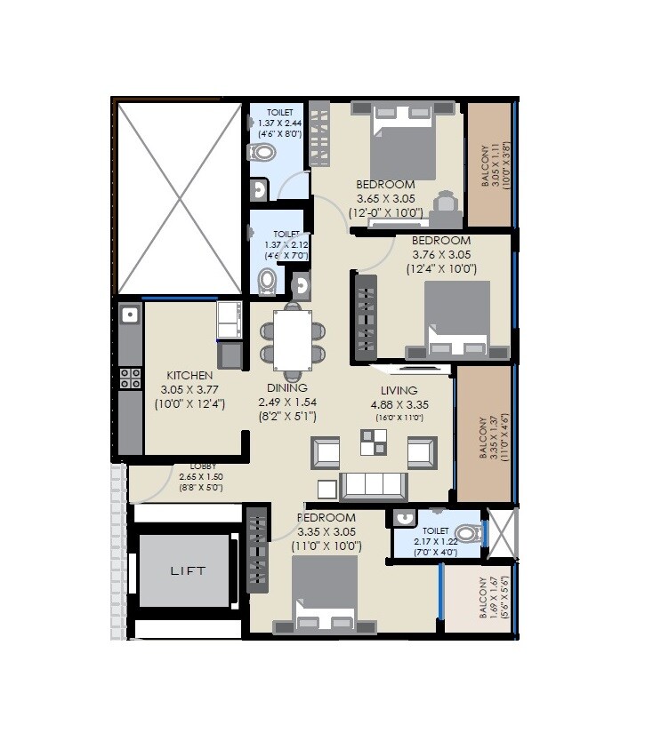 Floor plan of 3 BHK 1032 Sq. Ft. Apartment in Unique Legacy Imperia, Pune