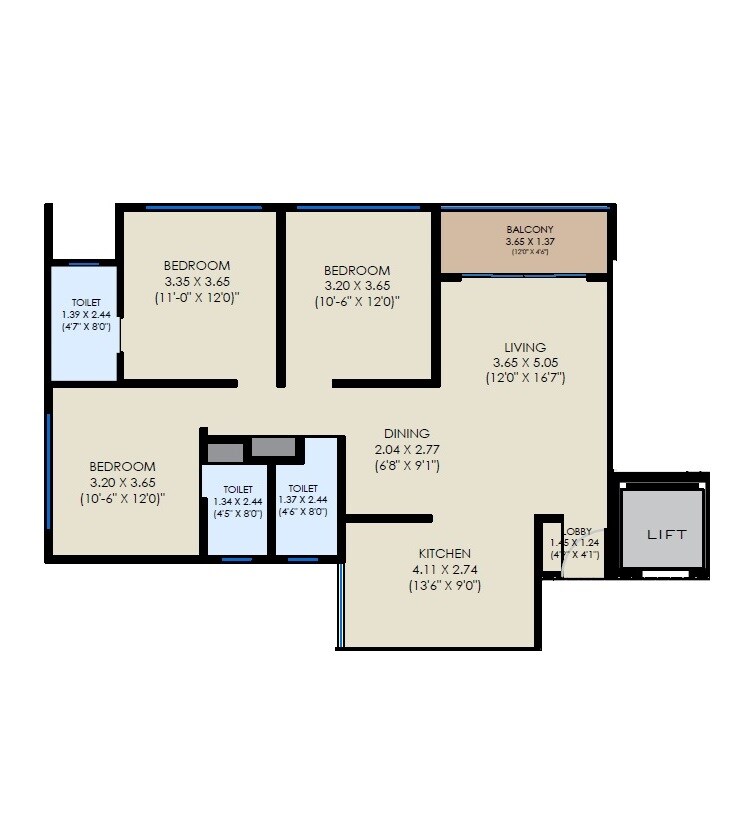 Floor plan of 3 BHK 853 Sq. Ft. Apartment in Unique Legacy Imperia, Pune