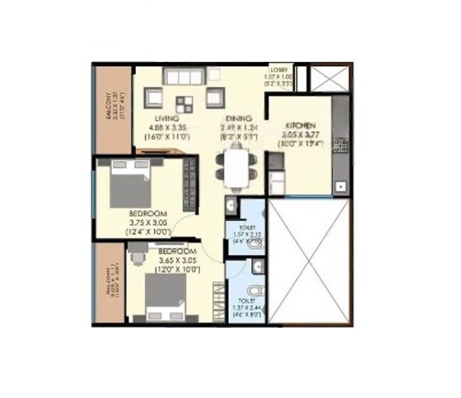 Floor plan of 2 BHK 729 Sq. Ft. Apartment in Unique Legacy Regal, Pune