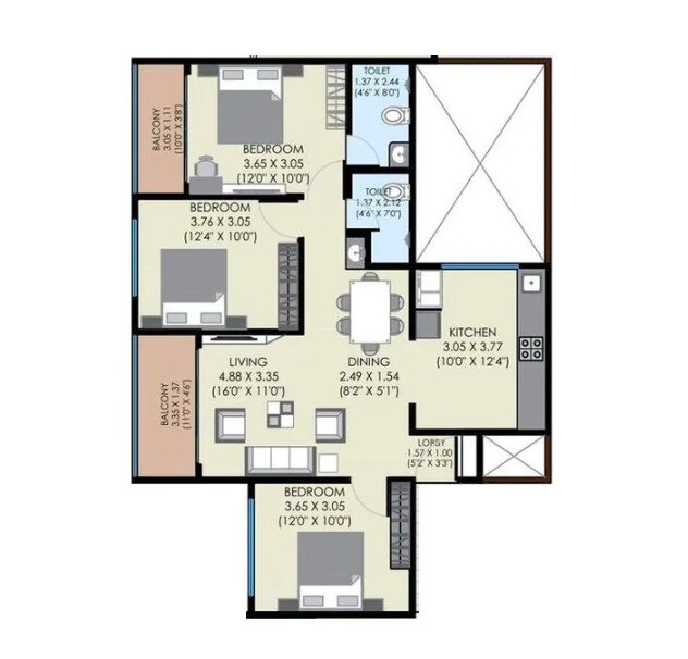 Floor plan of 3 BHK 853 Sq. Ft. Apartment in Unique Legacy Regal, Pune