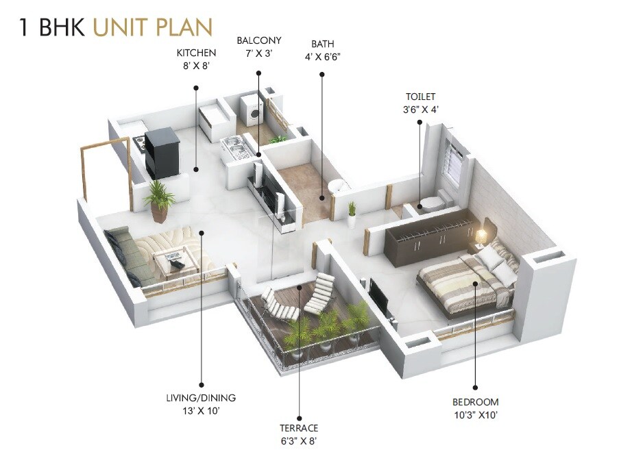 Floor plan of 1 BHK 316 Sq. Ft. Apartment in Unique Palazzo greens, Pune