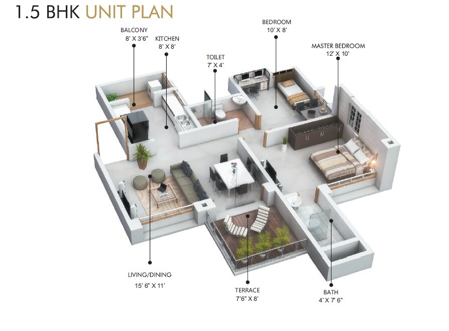 Floor plan of 1 BHK 405 Sq. Ft. Apartment in Unique Palazzo greens, Pune