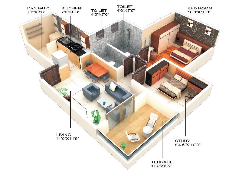 Floor plan of 1 BHK 610 Sq. Ft. Apartment in Unique Palazzo greens, Pune