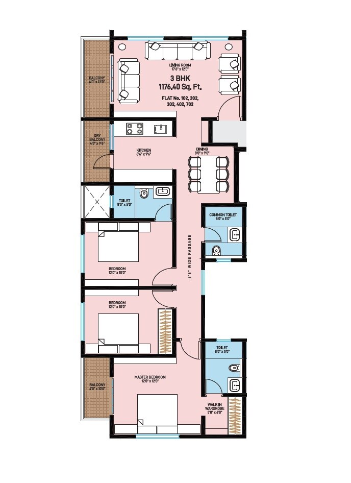 Floor plan of 3 BHK 1176 Sq. Ft. Apartment in Unique Panna Niwas, Pune