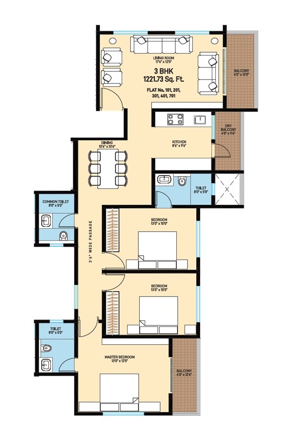 Floor plan of 3 BHK 1222 Sq. Ft. Apartment in Unique Panna Niwas, Pune