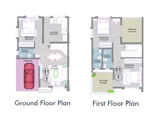 Floor plan of 3 BHK 1084 Sq. Ft. Row House in Unity Shivtirth Villa, Pune