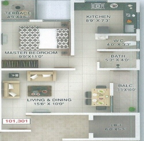 Floor plan of 1 BHK 432 Sq. Ft. Apartment in Unity Tulip, Pune