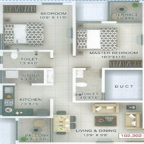 Floor plan of 2 BHK 555 Sq. Ft. Apartment in Unity Tulip, Pune