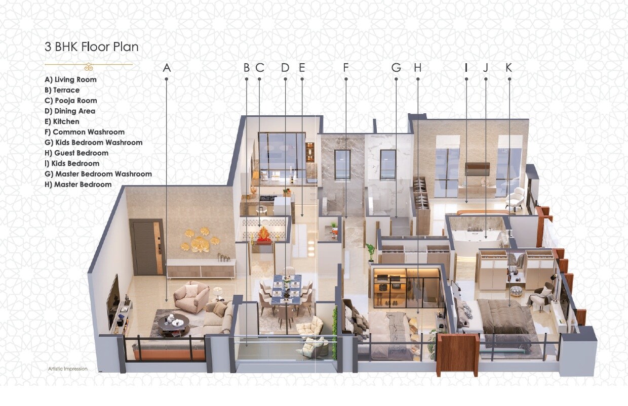 Floor plan of 3 BHK 1549 Sq. Ft. Apartment in Unnati Astria, Pune