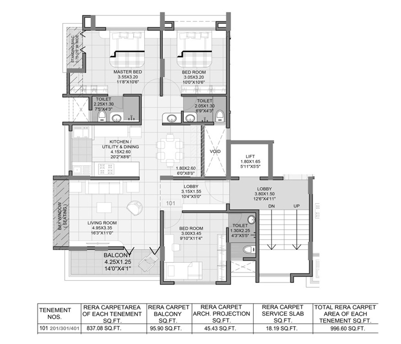 Floor plan of 3 BHK 996 Sq. Ft. Apartment in Urban Ashirwad, Pune