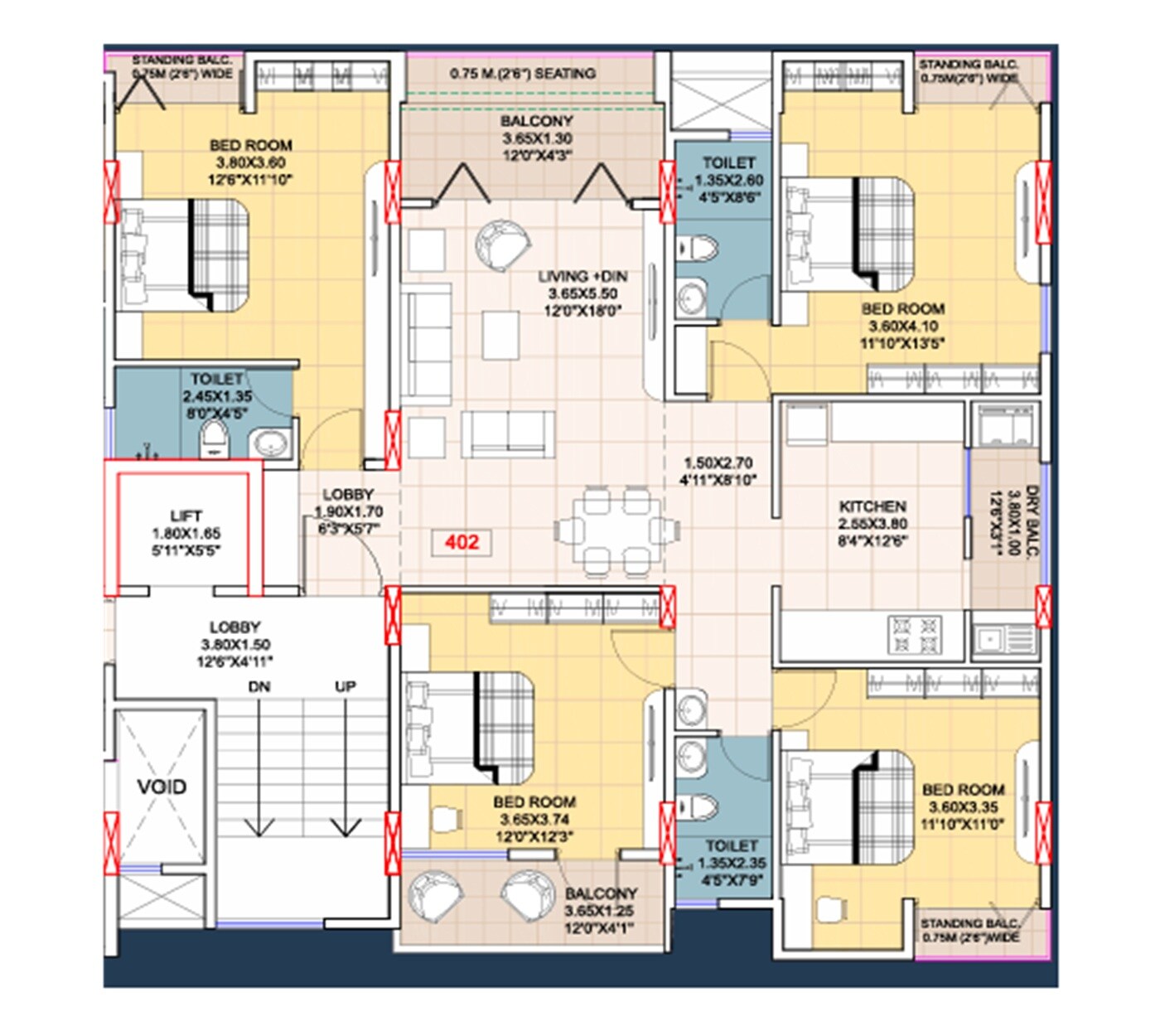Floor plan of 4 BHK 1493 Sq. Ft. Apartment in Urban Ashirwad, Pune
