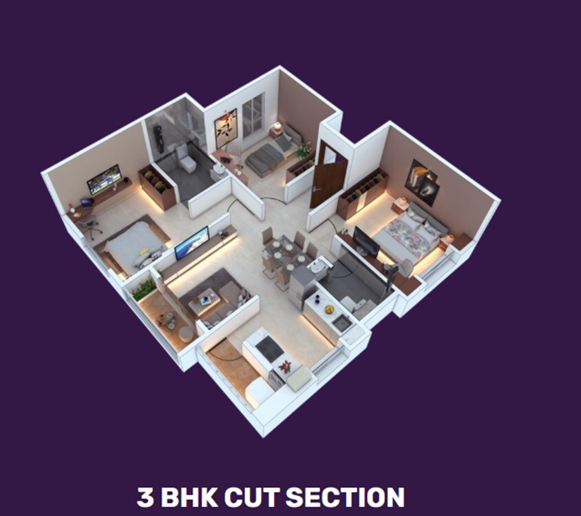Floor plan of 3 BHK 806 Sq. Ft. Apartment in Urban Kalpavrukksha, Pune