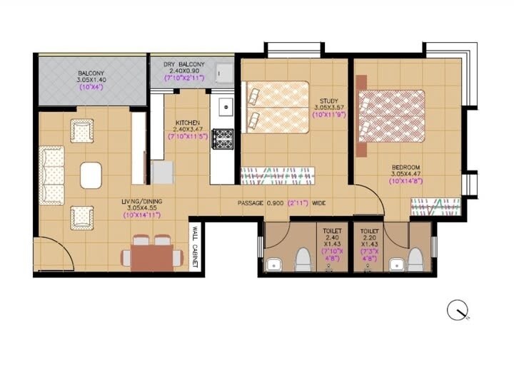 Floor plan of 2 BHK 732 Sq. Ft. Apartment in Urban Shreedatta, Pune