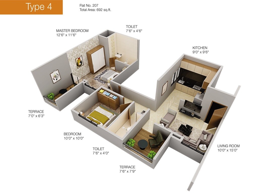 Floor plan of 2 BHK 755 Sq. Ft. Apartment in Urban Skyline Phase 1, Pune
