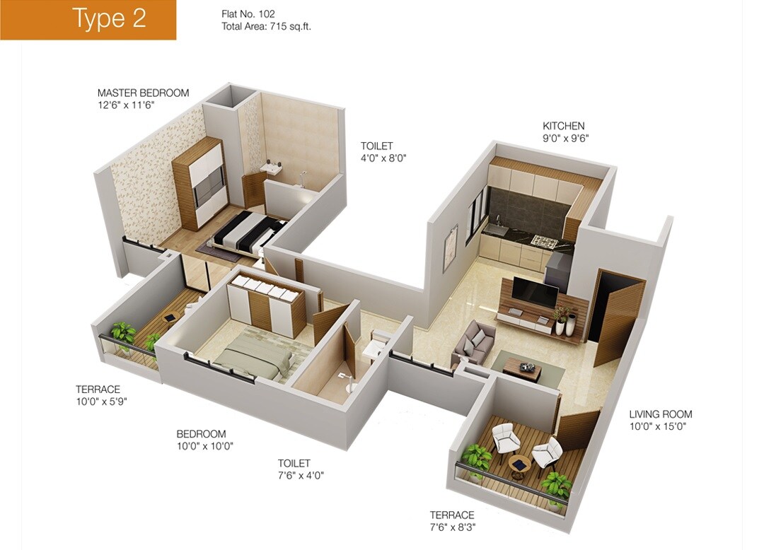 Floor plan of 2 BHK 905 Sq. Ft. Apartment in Urban Skyline Phase 1, Pune