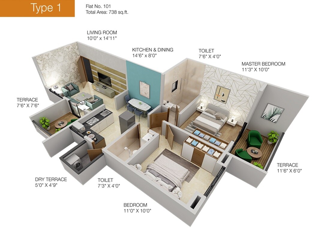 Floor plan of 2 BHK 802 Sq. Ft. Apartment in Urban Skyline Phase 1, Pune