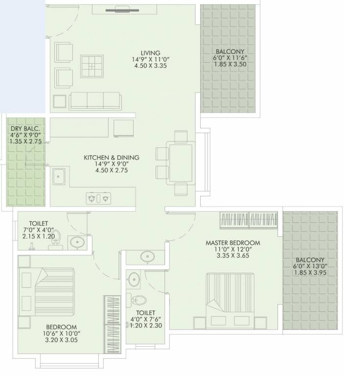 2 BHK 905 Sq. Ft. Apartment