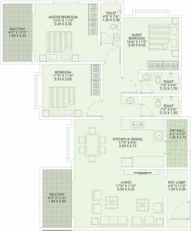 Floor plan of 3 BHK 1042 Sq. Ft. Apartment in Urban Skyline Phase 2, Pune