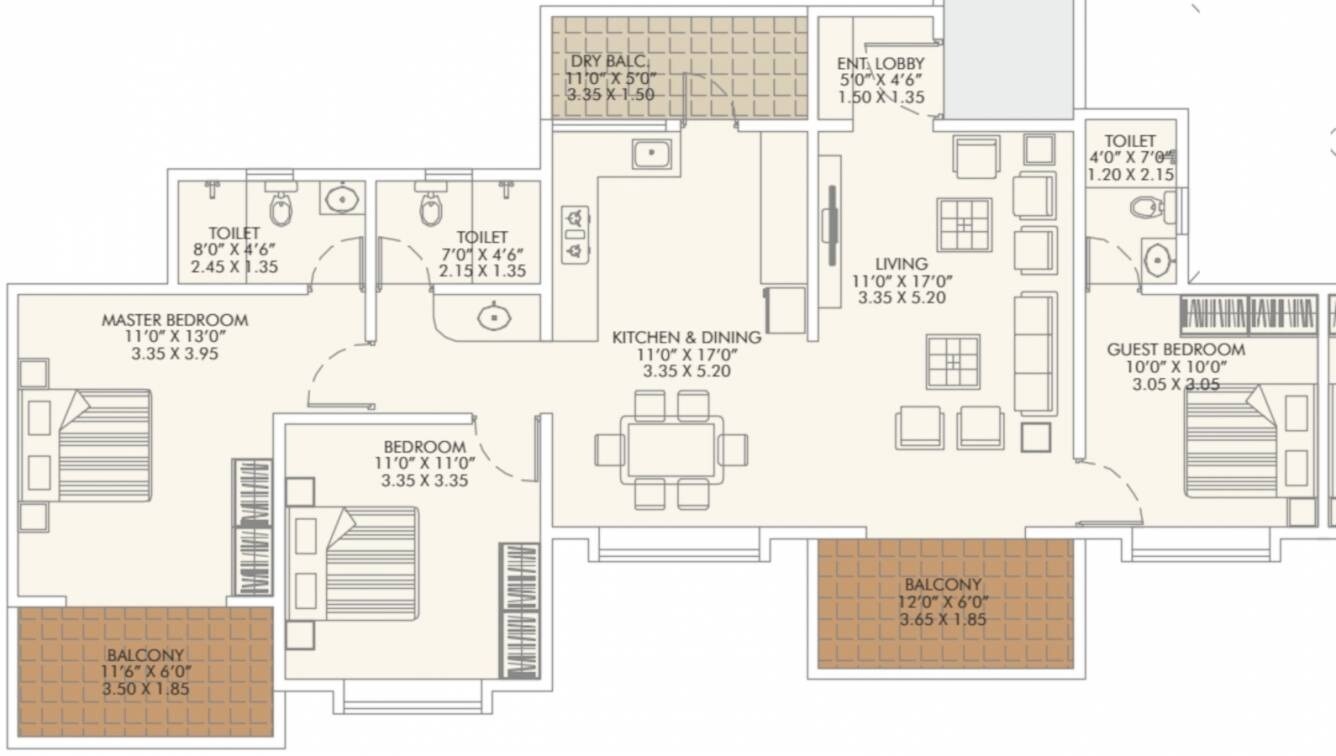 Floor plan of 3 BHK 1125 Sq. Ft. Apartment in Urban Skyline Phase 2, Pune