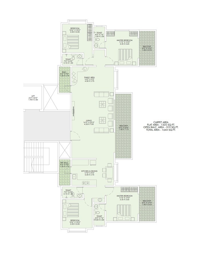 Floor plan of 4 BHK 1644 Sq. Ft. Apartment in Urban Skyline Phase 2, Pune
