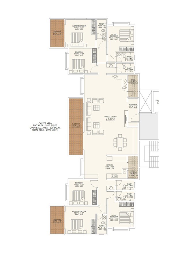 Floor plan of 6 BHK 2220 Sq. Ft. Apartment in Urban Skyline Phase 2, Pune