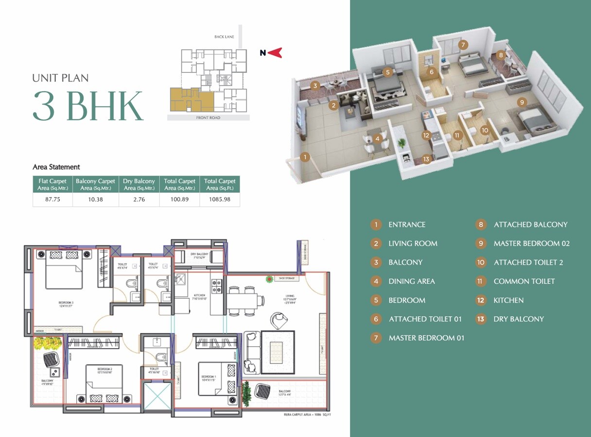 Floor plan of 3 BHK 1086 Sq. Ft. Apartment in Urban Soumitra, Pune