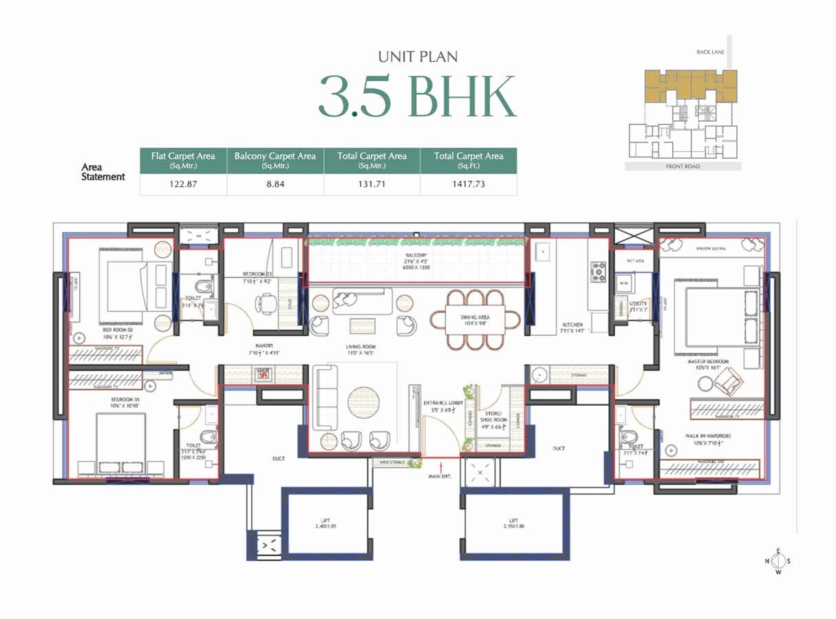 Floor plan of 3 BHK 1418 Sq. Ft. Apartment in Urban Soumitra, Pune