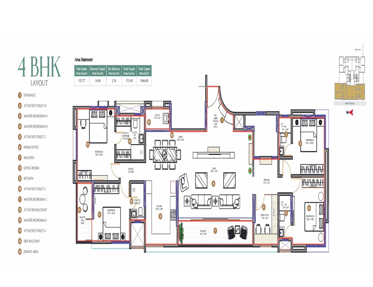 Floor plan of 4 BHK 1866 Sq. Ft. Apartment in Urban Soumitra, Pune