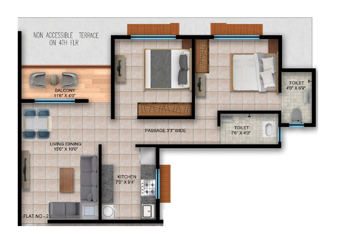 Floor plan of 2 BHK 782 Sq. Ft. Apartment in Uttam Atlanta Square, Pune