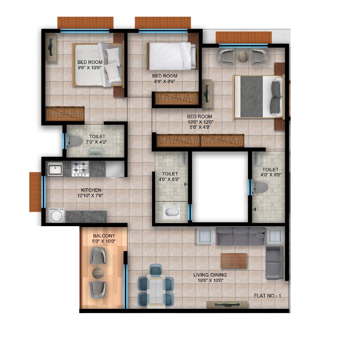 Floor plan of 3 BHK 903 Sq. Ft. Apartment in Uttam Atlanta Square, Pune