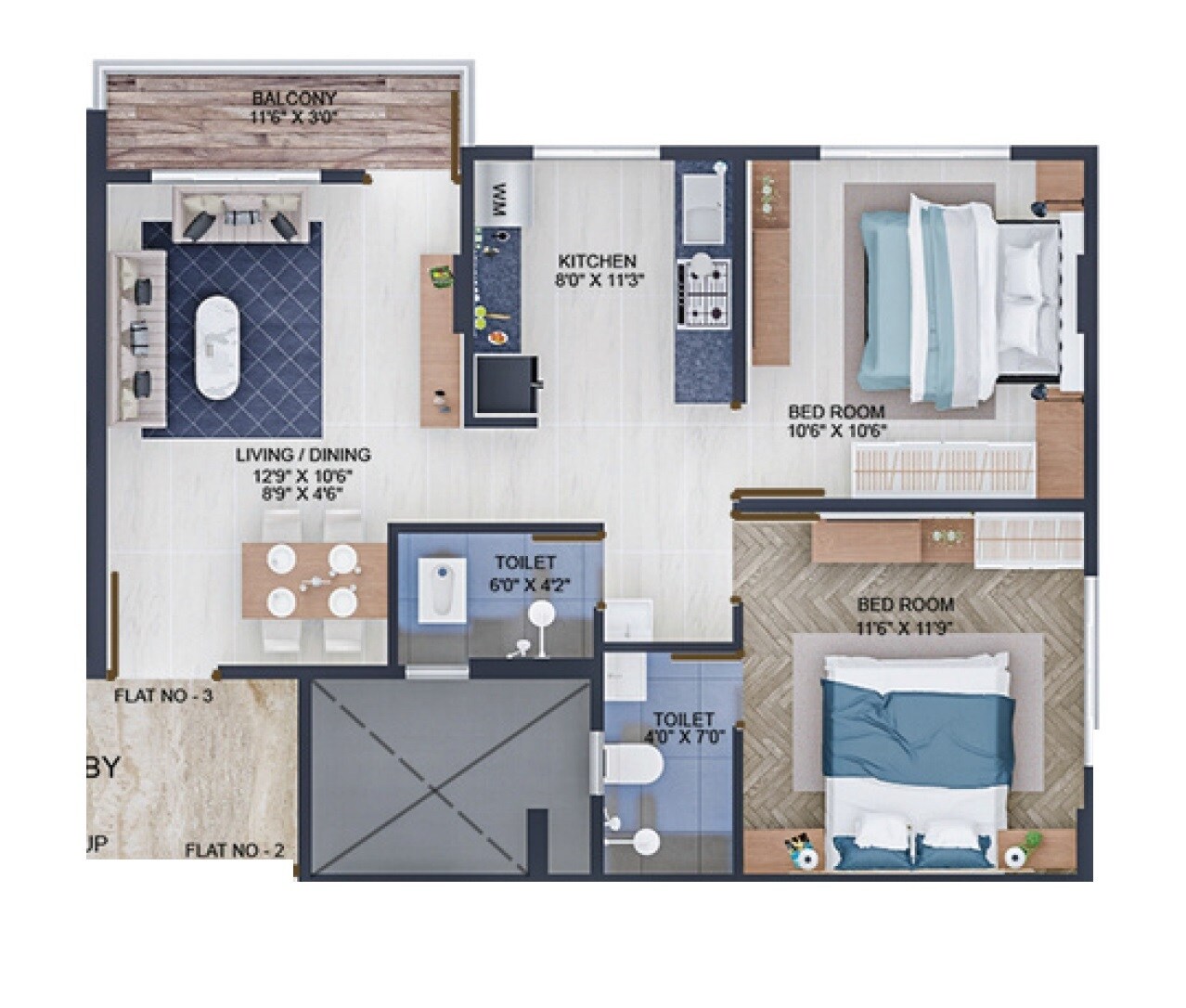 Floor plan of 2 BHK 603 Sq. Ft. Apartment in Uttam Luxuria, Pune
