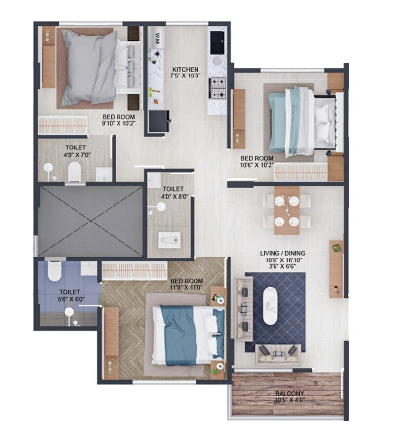 Floor plan of 3 BHK 785 Sq. Ft. Apartment in Uttam Luxuria, Pune