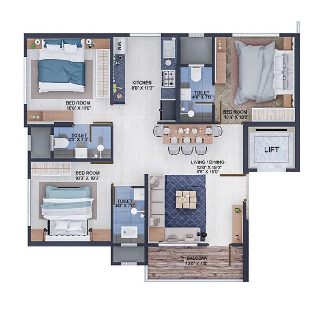Floor plan of 3 BHK 842 Sq. Ft. Apartment in Uttam Luxuria, Pune