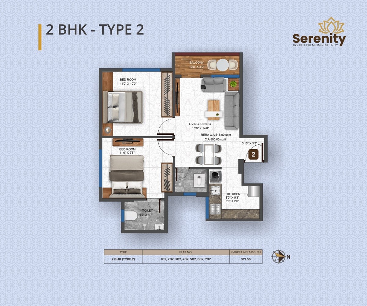 Floor plan of 2 BHK 517 Sq. Ft. Apartment in Uttam Serenity, Pune