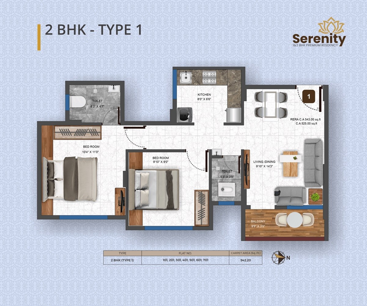 Floor plan of 2 BHK 542 Sq. Ft. Apartment in Uttam Serenity, Pune