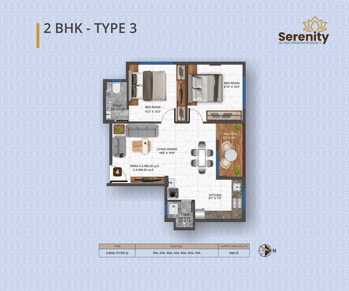 Floor plan of 2 BHK 586 Sq. Ft. Apartment in Uttam Serenity, Pune