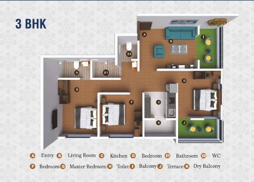 Floor plan of 3 BHK 890 Sq. Ft. Apartment in V Garli Heritage, Pune
