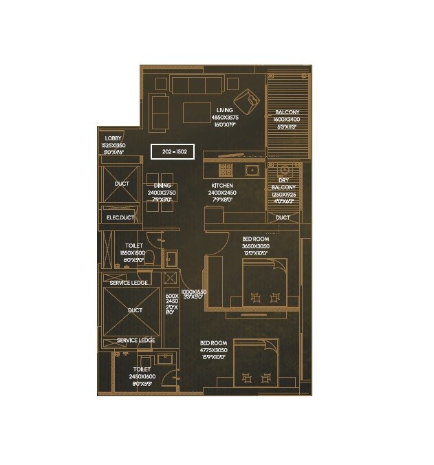 Floor plan of 2 BHK 890 Sq. Ft. Apartment in V Mond Vivencia, Pune